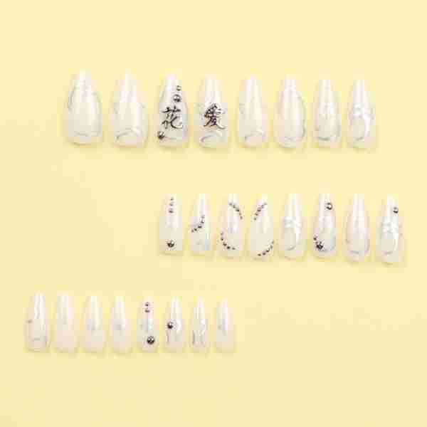 White Almond False Nails Goth 3D Chinese Character Beads Design Nails Patch Full Finished y2k Cool Artificial Nail Patch. 