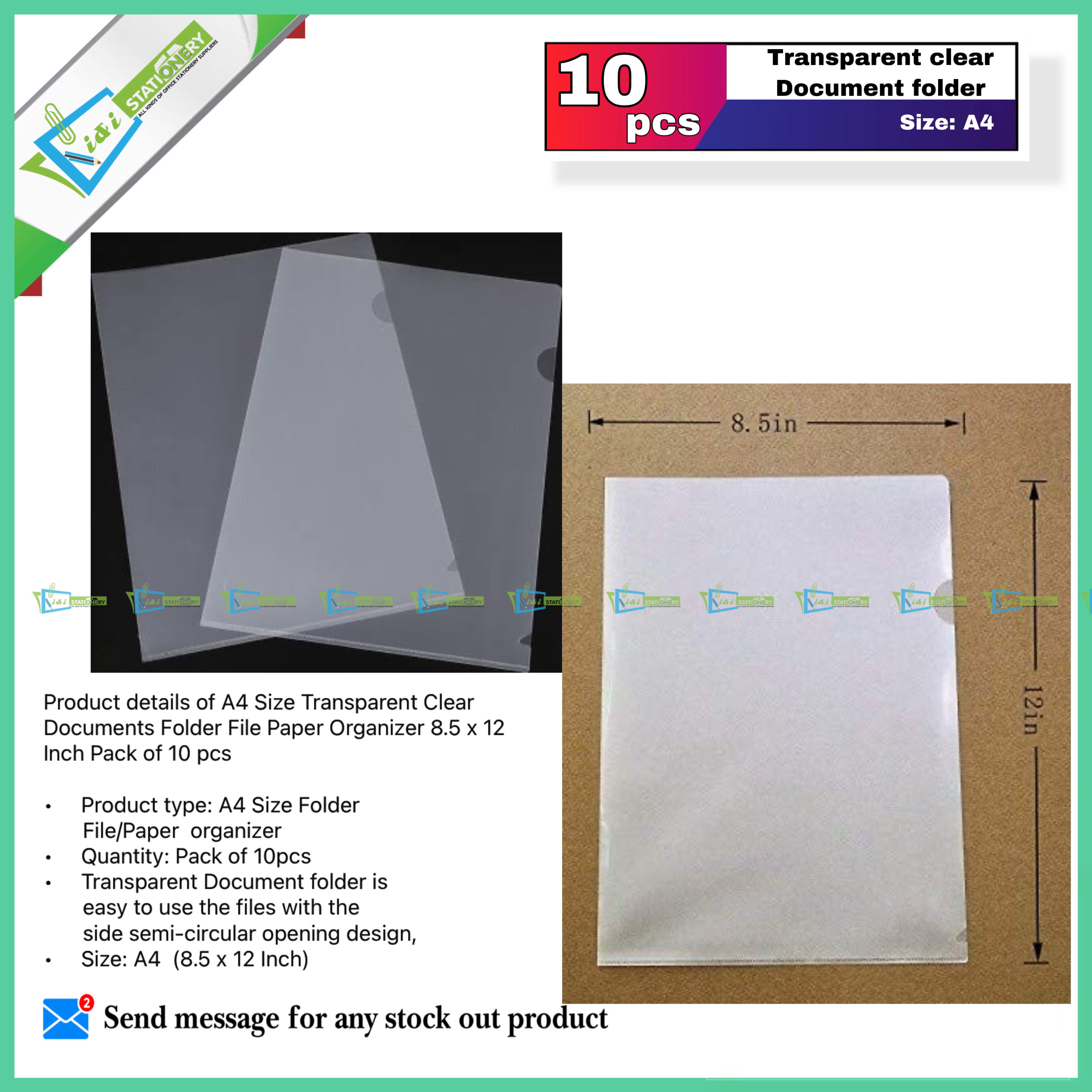 A4 Size Transparent Clear Documents Folder File Paper Organizer 8.5 x 12 Inch Pack of 10 pcs. 