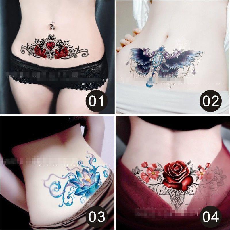 Half tattoo attached to the belly wings lace rose flowers cover the belly and lower abdomen real woman one piece cross. 