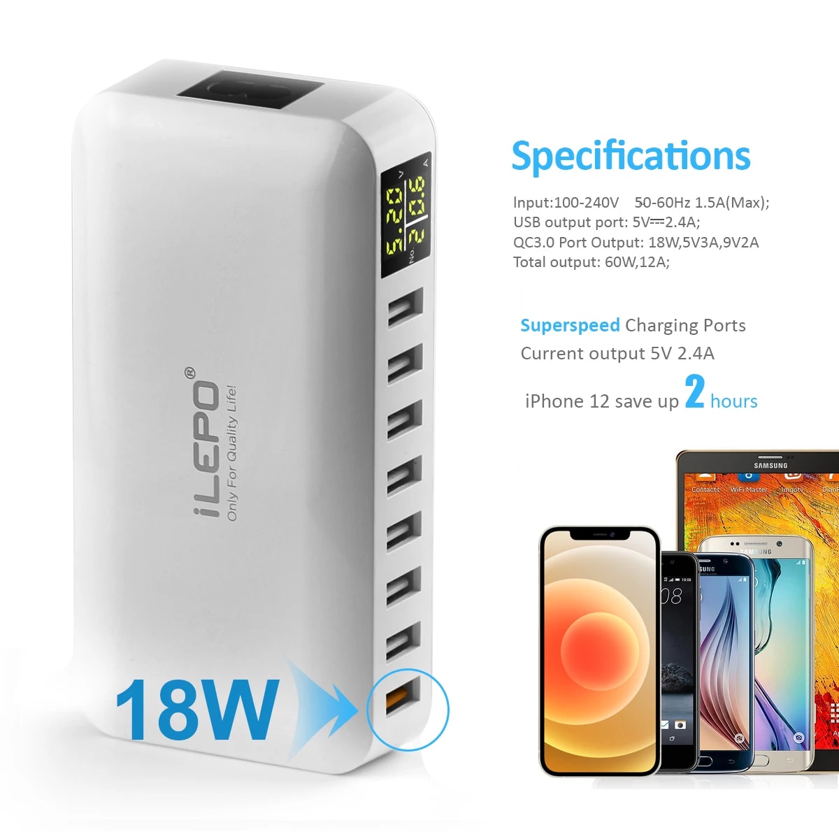 ILEPO 60W 8 Port USB Fast Charger QC3.0 HUB Smart Quick Charge LED Display Multi USB Charging Station Mobile Phone Desktop Home. 