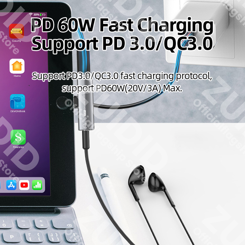 2in1 USB Type-C to USB C/3.5mm DAC Earphone Adapter PD60W Fast Charge Headphone Audio Aux Converter 16bit/48kHz Digital Decoder. 