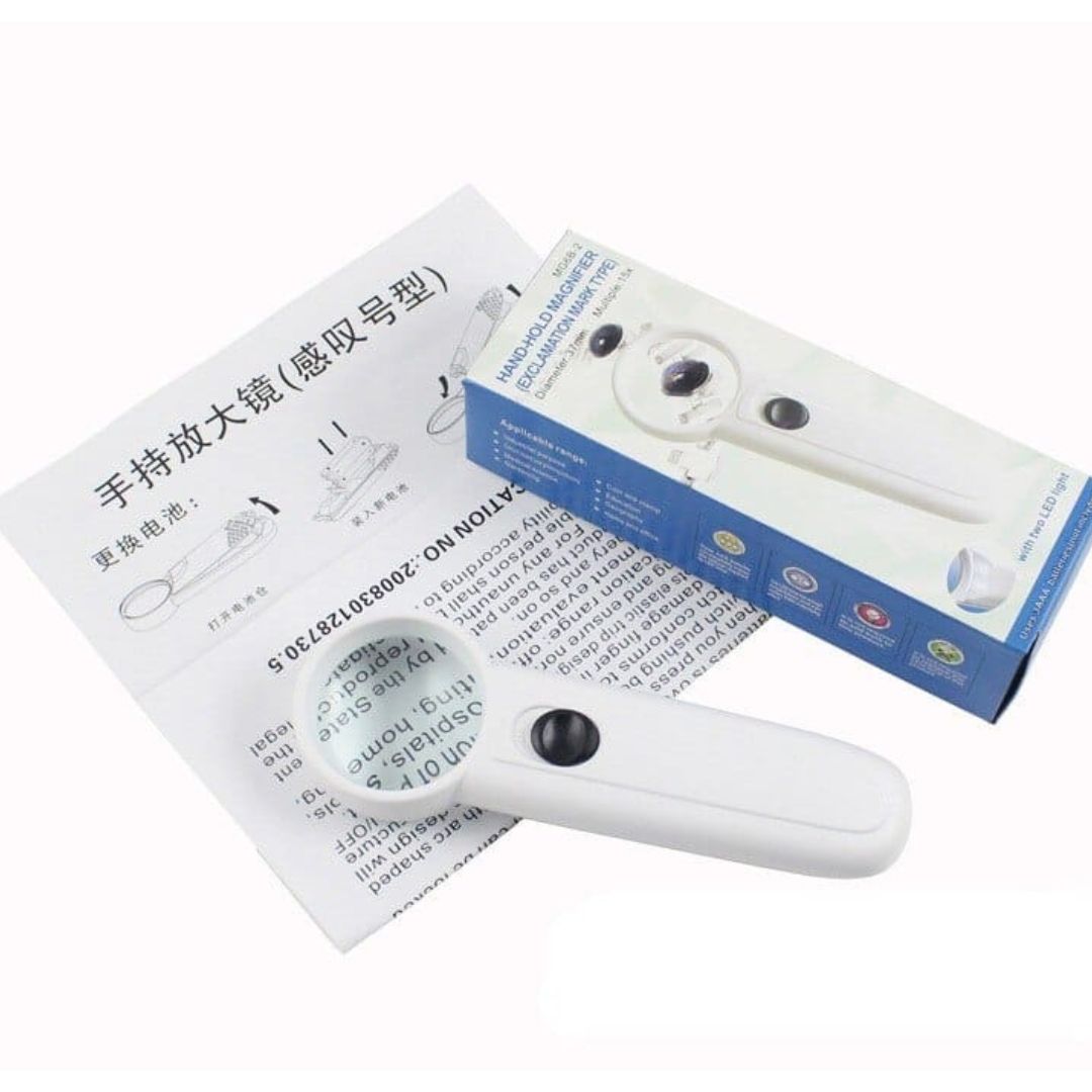 37mm Diameter Handheld Magnifier Glass With 2 LED Flashlight For Jewelry Repair Tools Sets Reading Magnifying Glass Exclamation Mark Type. 
