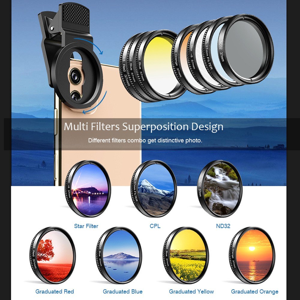 APEXEL APL-37UV-7G Professional 7in1 Phone Graduated Lens Filter Kit - black. 