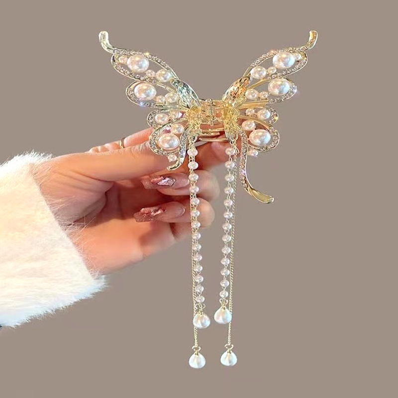 Rhinestone Butterfly Hair Claw Pearl Tassel Crab Clip Metal Bow Tie Hairpin Women Shark Claw Clip Girl Barrette Hair Accessories Hudduo