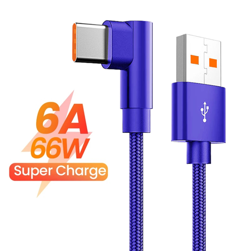 게임용 C타입 USB 고속 충전 케이블, 화웨이 샤오미 14 레드미 아너 OPPO 리얼미 POCO 90 도 엘보 충전기 케이블, 6A 66W. 