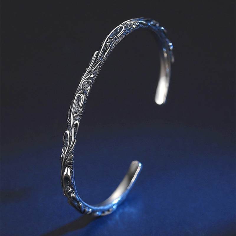 Luxurious encounter with retro-style white copper silver-plated bracelets for men, old vines for couples, girls' open plant bracelets, friends' jewelry