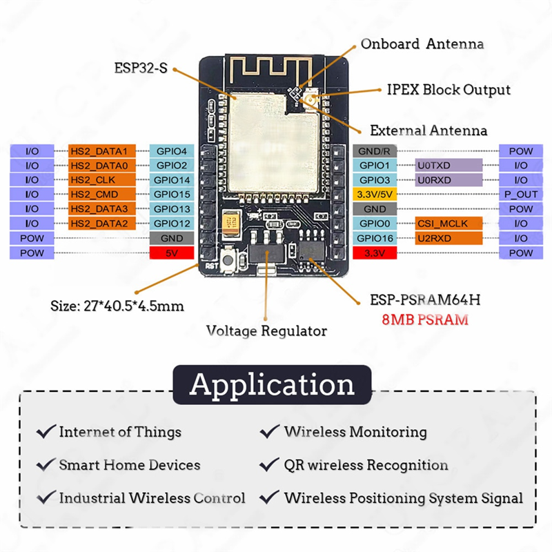 ESP32-CAM-MB WIFI Bluetooth Development Board with OV2640 Camera Micro-USB Connection to Serial. 