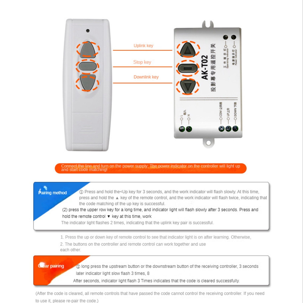AC85-250V Motor Remote Projection Screen Motor Wireless Switch ABS 433 UP Down Stop Forwards Reverse Stop. 