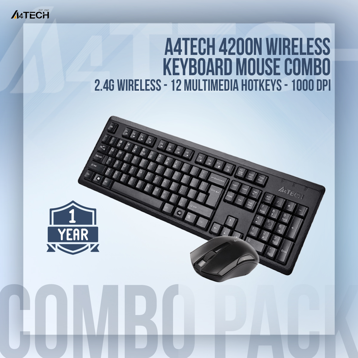 A4TECH 4200N Wireless Keyboard Mouse Combo - 2.4G Wireless - 12 Multimedia Hotkeys - 1000 DPI - For PC/Laptop - Black