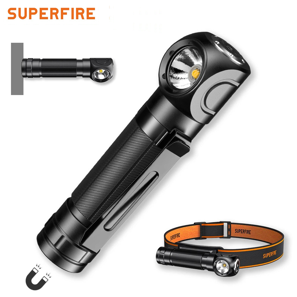 New SUPERFIRE TH04 LED Headlamp Type C Rechargeable 90° Headlight 18650 Flashlight with Indicator Magnet Tail, Head Flash Light
