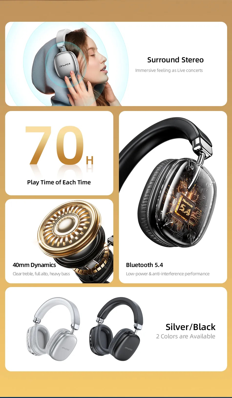 Awei AT7 True Wireless Hifi Overhead Earphone with 70hour music playback Time. 
