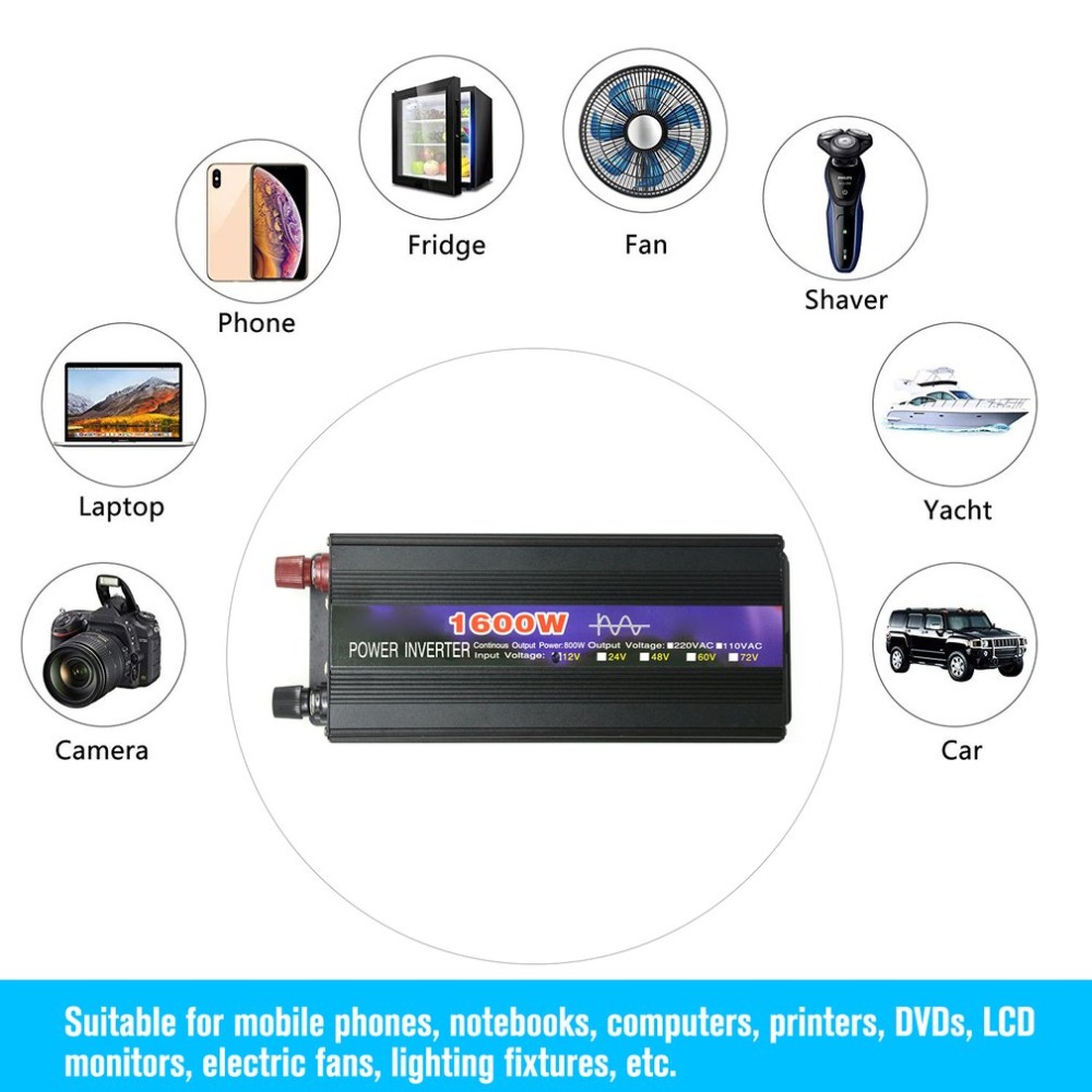 KOGEEK 1600W Pure Sine Wave Intelligent String Inverter Power Inverter Car Inverter Black 12V to 220V / 24V to 220V  / 48V to 220V / 60V to 220V - battery 12v. 