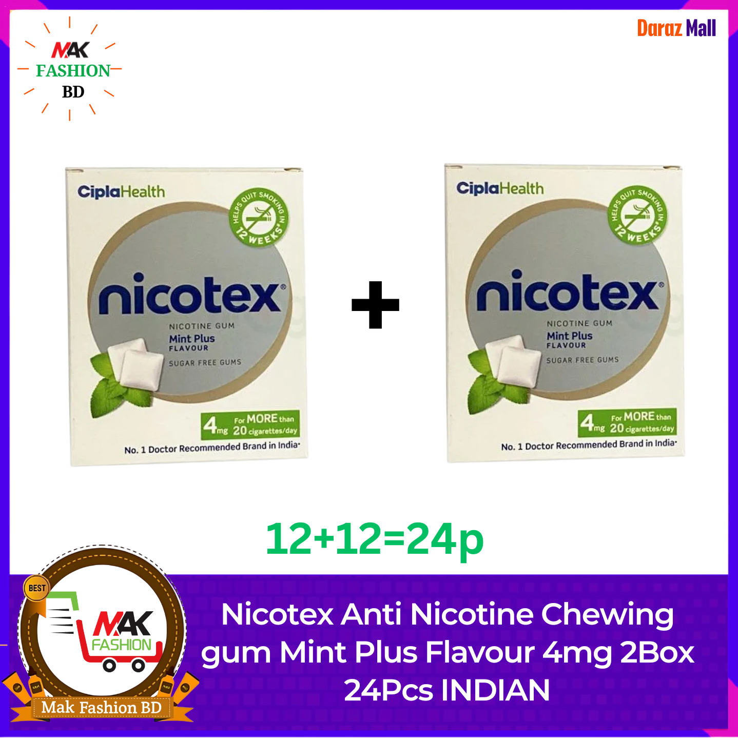 Nicotex Anti Nicotine Chewing gum Mint Plus Flavour 4mg 2Box 24Pcs INDIAN