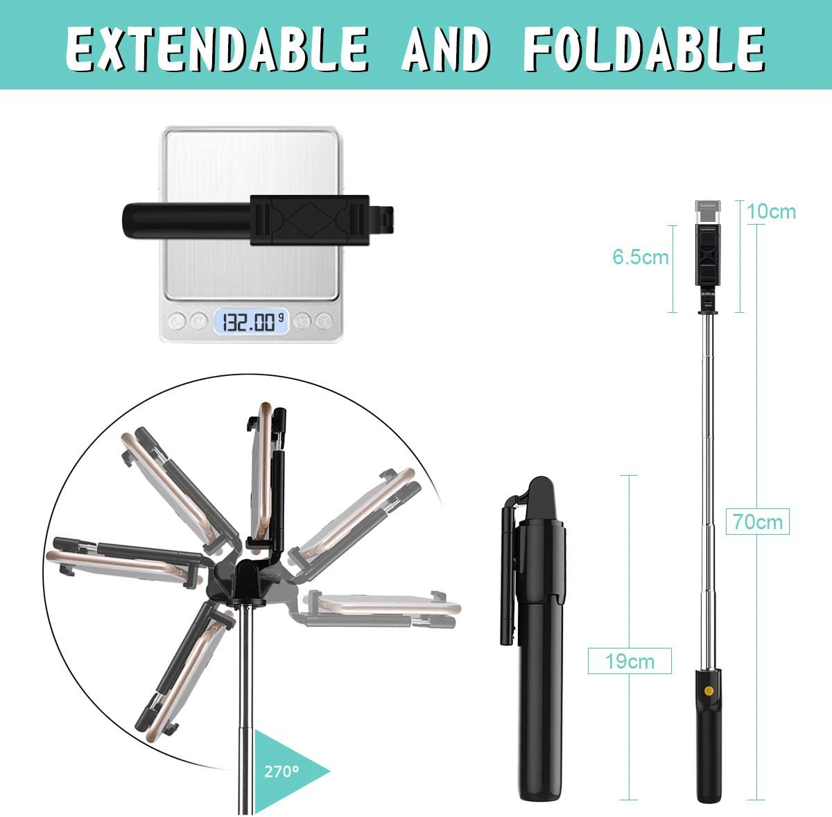 K07 Selfie Stick, Extendable Bluetooth Selfie Stick Tripod with Detachable Wireless Remote and Tripod Stand for Travel. 