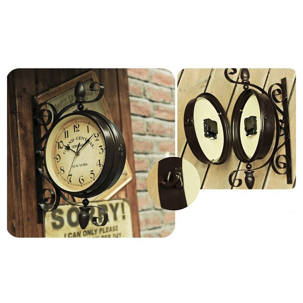 Silent Wall Clock Retro Hanging Clocks Double Sided European Style Train Station Two. 