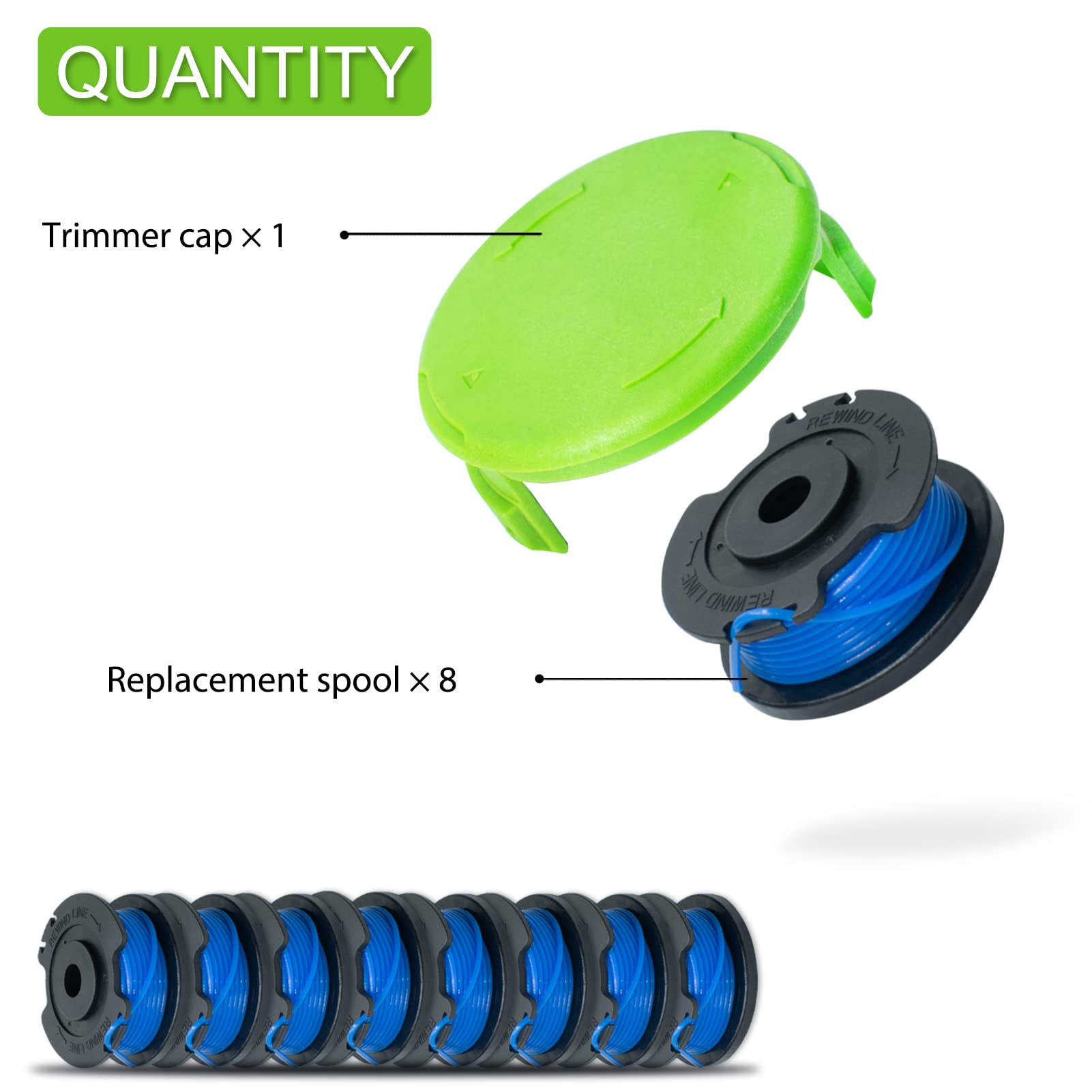 JAERBEE 29092 String Trimmer Replacement Spool 29252 for Greenworks 24V 40V 80V Weed Eater Cordless Trimmer (8 Spools, 1 Caps). 