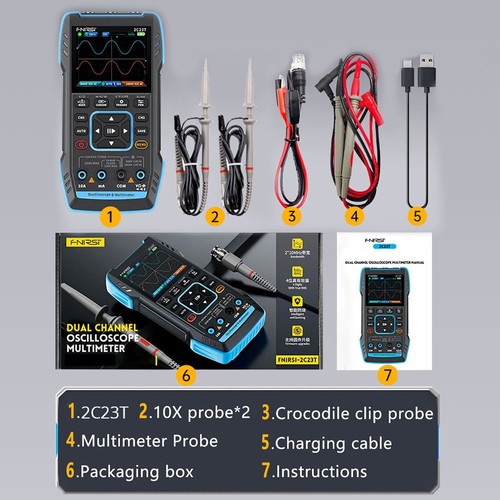 FNIRSI 2C23T 3 in 1 Digital Oscilloscope Multimeter Signal Generator + P6100 Probe, 2 Channels, 10MHz Bandwidth, 50MSa/s Sampling Rate, 9999 Counts. 
