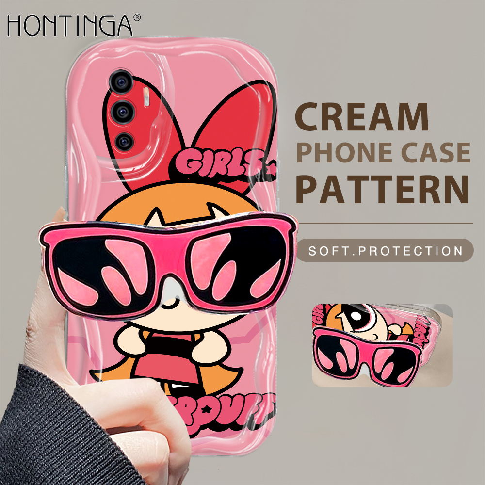 Hontinga for Vivo V23E 4G 5G Back Cover With Holder Fashion Girls Texture Phone Case Wavy Edge Soft Silicone Cover