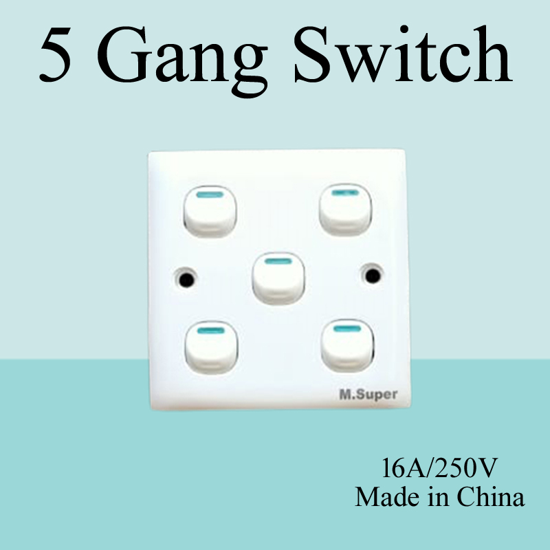 Electric Switch Board Combo 5 Gang Switch with 6 Pin Multi Socket, Fan Dimmer (Regulator), 3 Gang PVC Board Back Part/Tola Family Combo All in 1. 