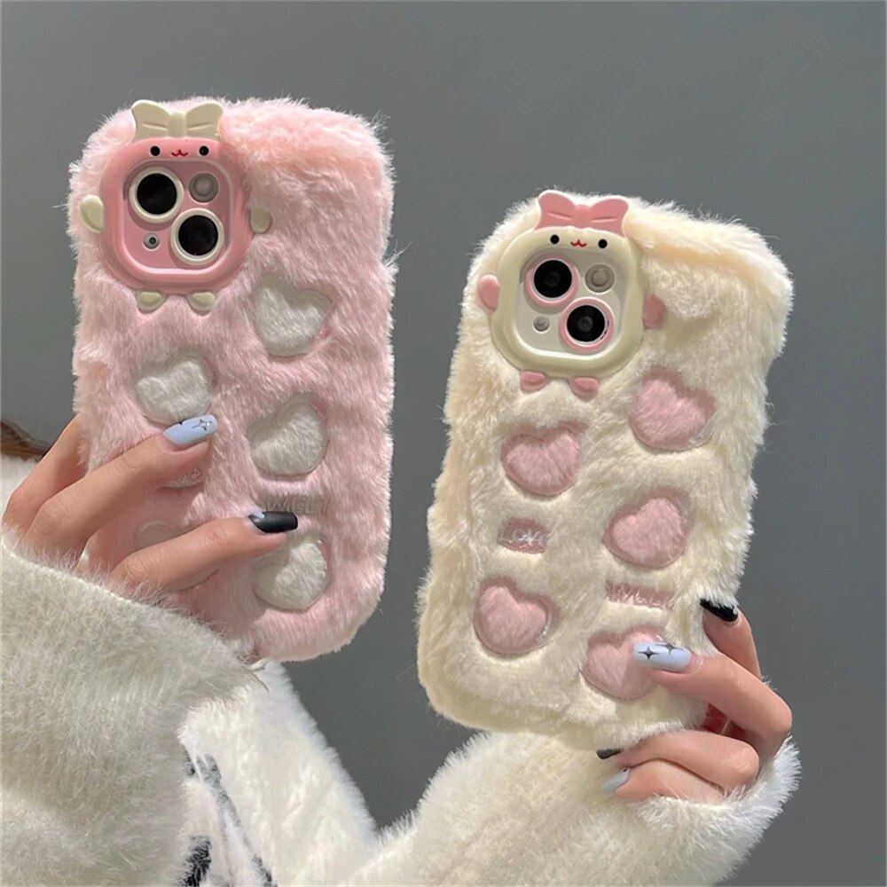 Korean Warm Winter 3D Cartoon Cute Plush Love Heart Soft Case For IPhone 14 Pro Max 15 Pro Max 13 12 11 Shockproof Back Cover
