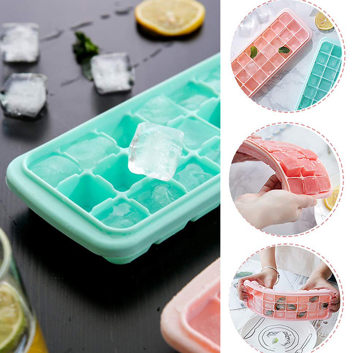Silicone Ice Cube Trays With Lid Space Saving And Stackable Set Of 2 