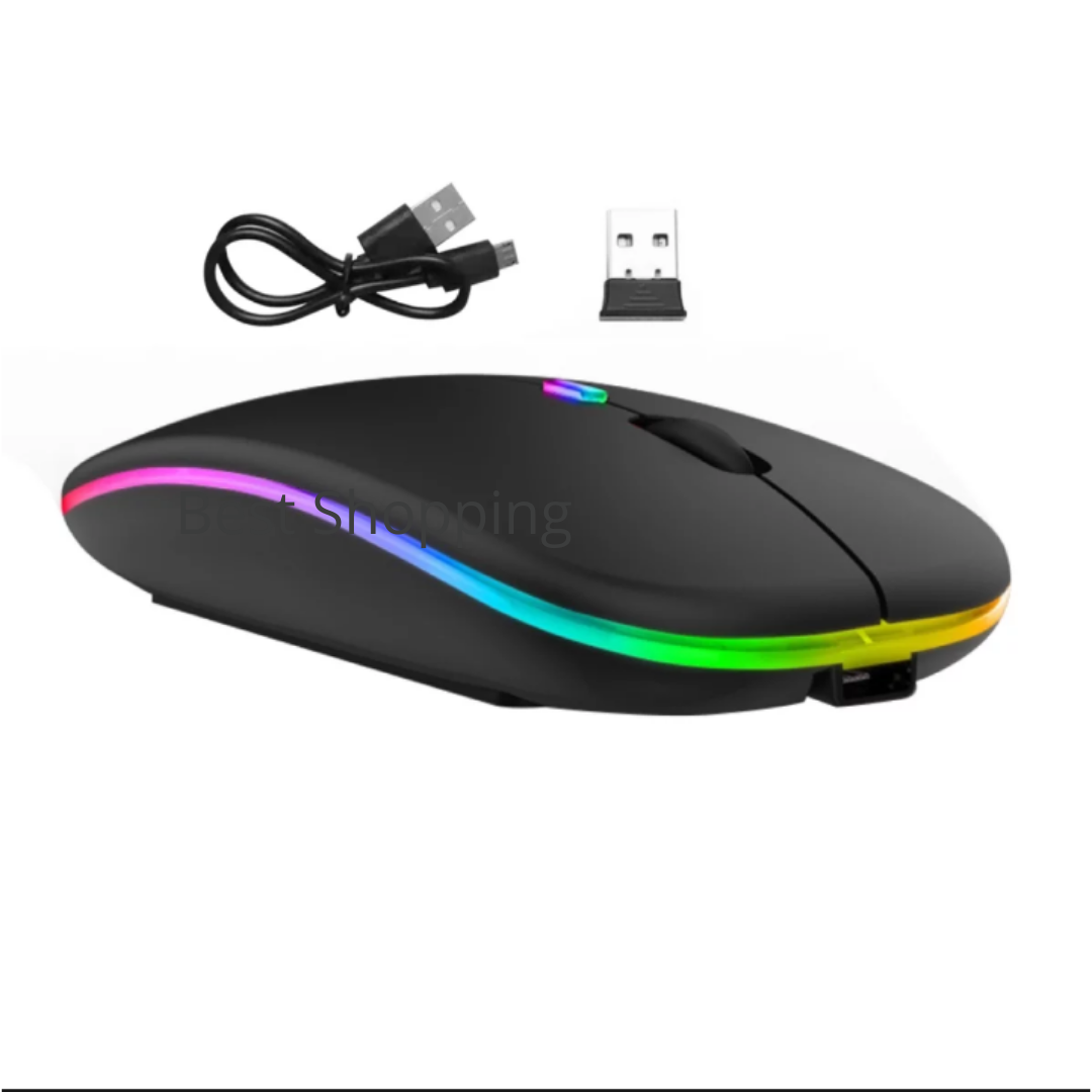 Rechargeable Wireless RGB Waterproof Optical Mouse, For Pc and Laptop Gamer Dual Model 2.4GHz Mouse  - Nano receiver - Palm Grip - Black Fun Gaming - Optical Wireless Mouse. 
