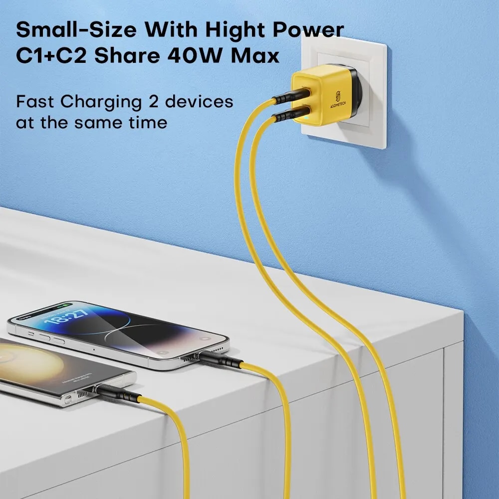 ASOMETECH 40W GaN Charger Dual USB Type C Fast Charger QC4.0 PPS PD Portable Phone Charger For iPhone 14 Samsung S23 iPad Tablet. 