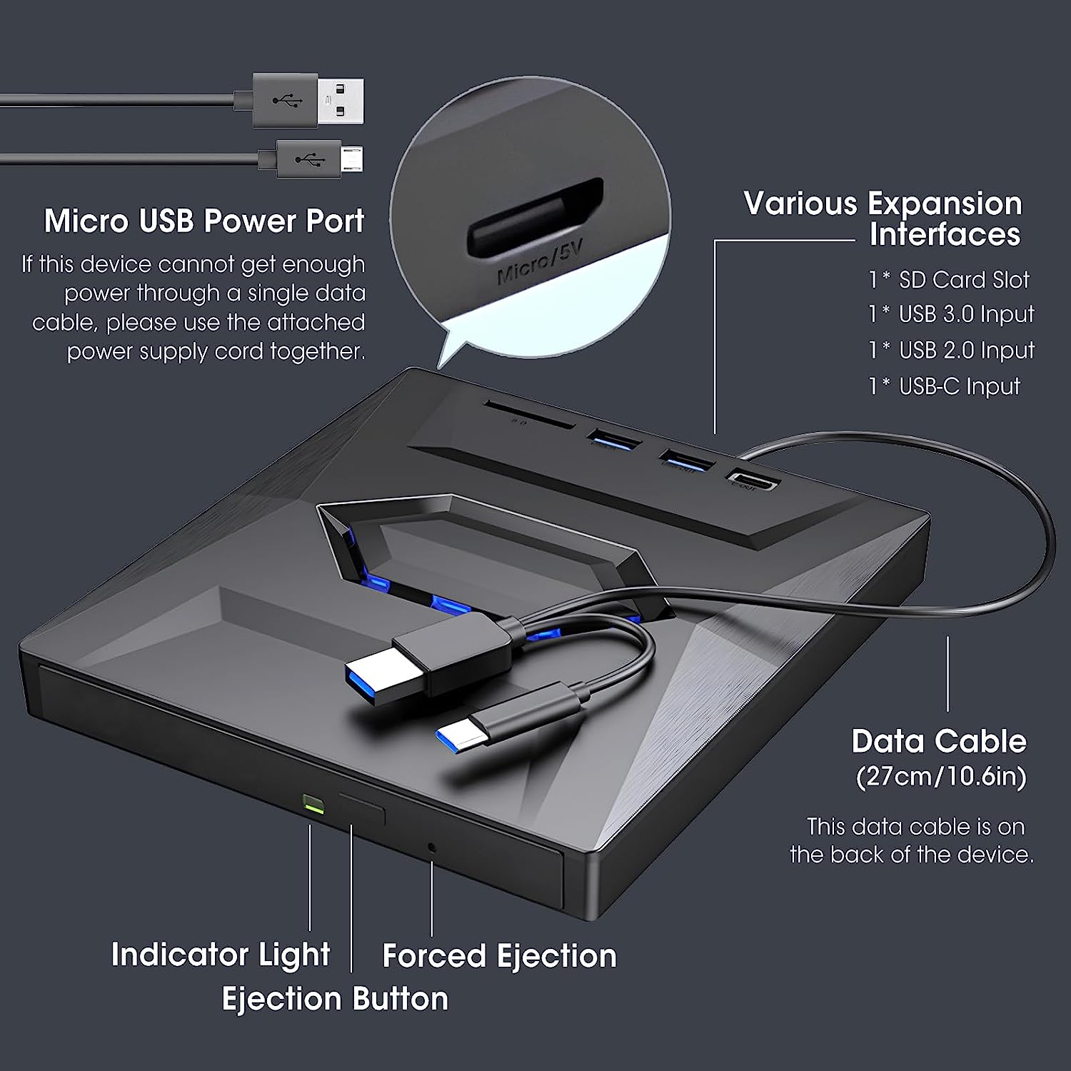 External DVD Drive for Laptop USB 3.0 Type-C Portable CD/DVD Optical Drive Player Writer CD Burner with 2 USB 3.0 Ports, Type C Port SD Card Reader for Laptop PC MacBook Mac Windows Linux OS. 