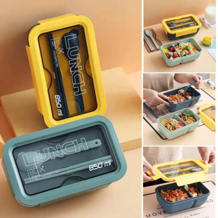 850 ML Leakproof Tiffin Box Free Spoon Chopsticks 2 Compartment Lunch Box  Lite weight Container for School Office-Yellow/Green