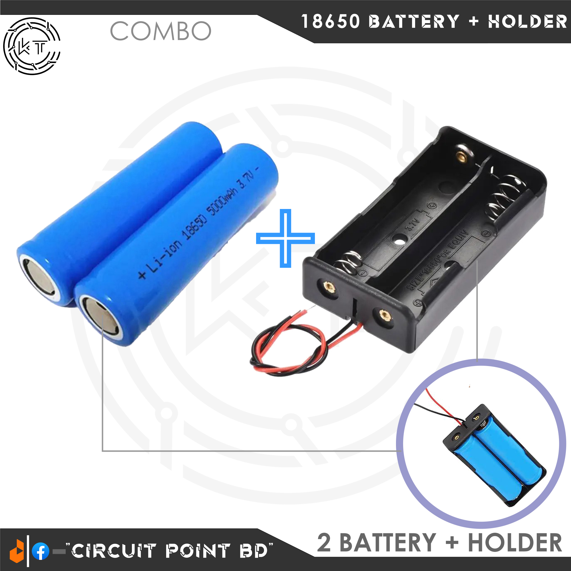 Li-ion Battery + Battery Holder Combo. 2 Pcs 18650 Rechargeable Lithium Battery (Total 7.4V) with 2X Battery Holder Case.
