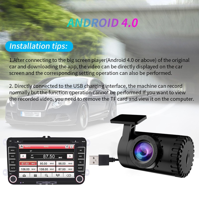 TOHAYIE Android USB Car DVR Dash Camera ADAS 1080P Full HD Video Recorder Night Vision Loop G-sensor 170° Wide Angle Dashcam (with 8G TF Card). 