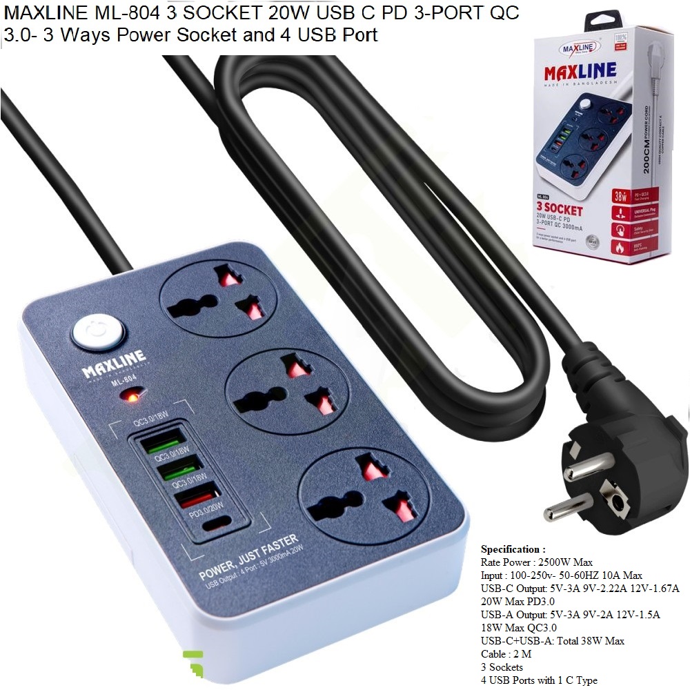Multiplug ML-804 3 SOCKET 20W USB C PD 3-PORT QC 3.0- 3 Ways Power Socket and 4 USB Port For a Better Performance