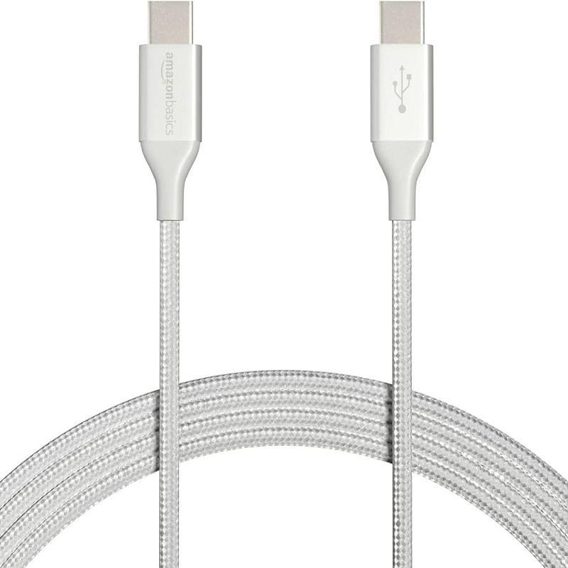 Amazon Basics USB-C to USB-C 2.0 Fast Charger Cable, Nylon Braided Cord, 480Mbps Speed, USB-IF Certified, for Apple iPhone 15, iPad, Samsung Galaxy, Tablets, Laptops, 6 Foot, Silver. 