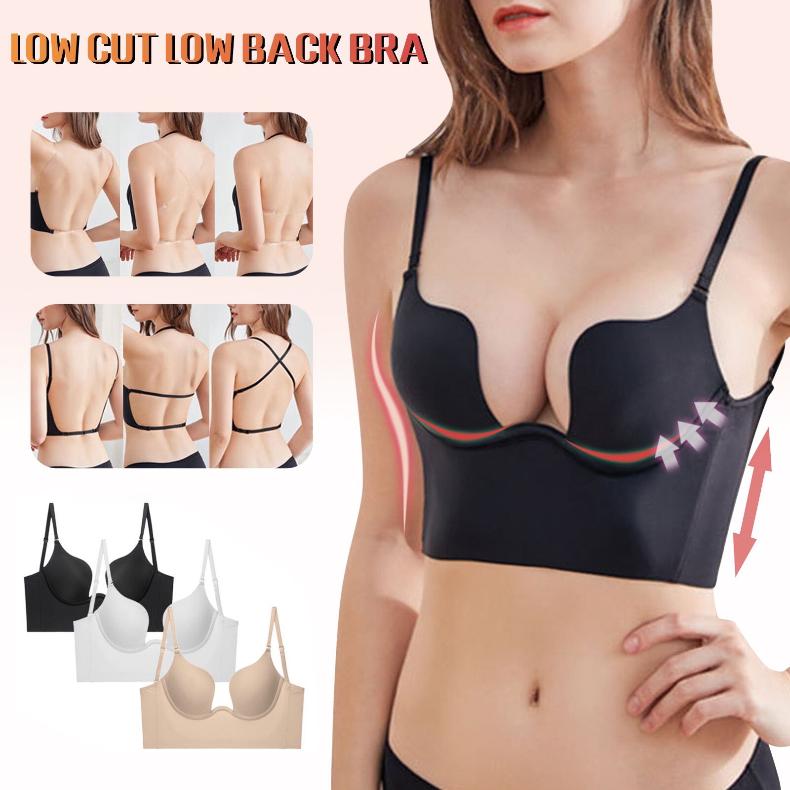 SELONE Everyday Bras for Women Push Up No Underwire for Large Bust Backless  for Backless Dresses Low Back Lifting Deep U Shaped With Convertible S