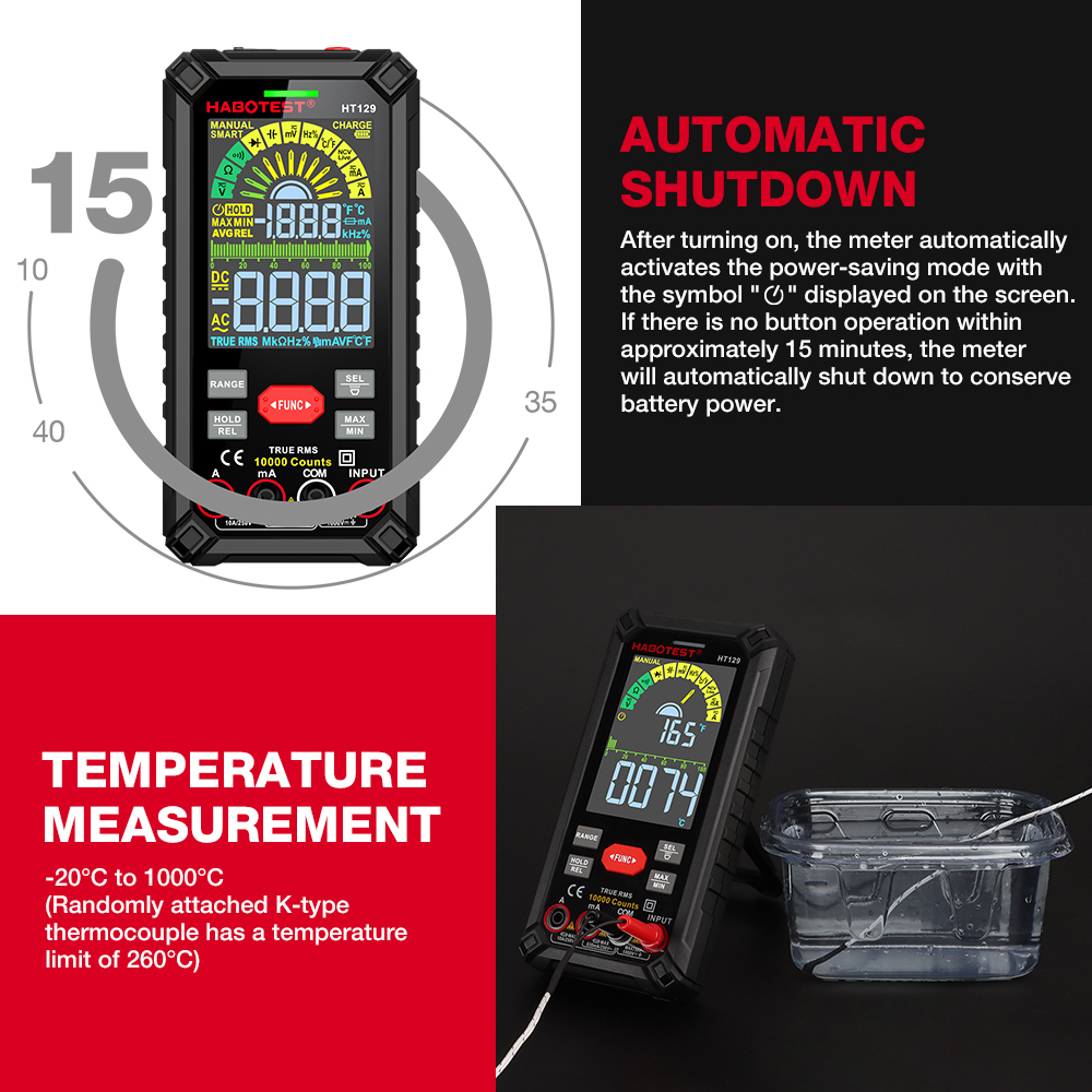 HABOTEST HT129 10000 Counts Digital Multimeter Smart Anti-burn DC AC Voltage Current True RMS Voltmeter Rechargeable Multitester. 