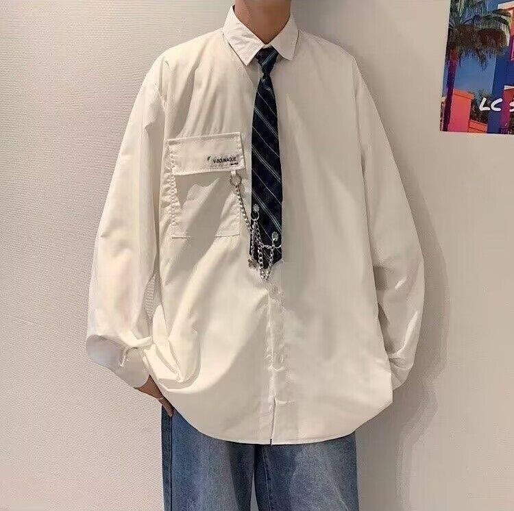 College style dk uniform white shirt men's long sleeve 2023 casual korean version tie decoration couple solid color shirt jacket