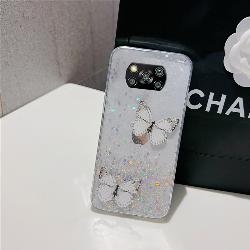 Custodia Glitter Con Cavalletto Per Xiaomi Poco X3 NFC / X3 Pro - TPU Morbido Con Brillantini Quicksand, Effetto Farfalla Blu