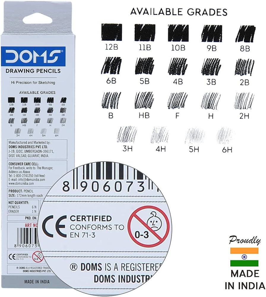DOMS DRAWING & SKETCH PENCIL SET - HB 2B 4B 6B 8B 10B & ERASER. 