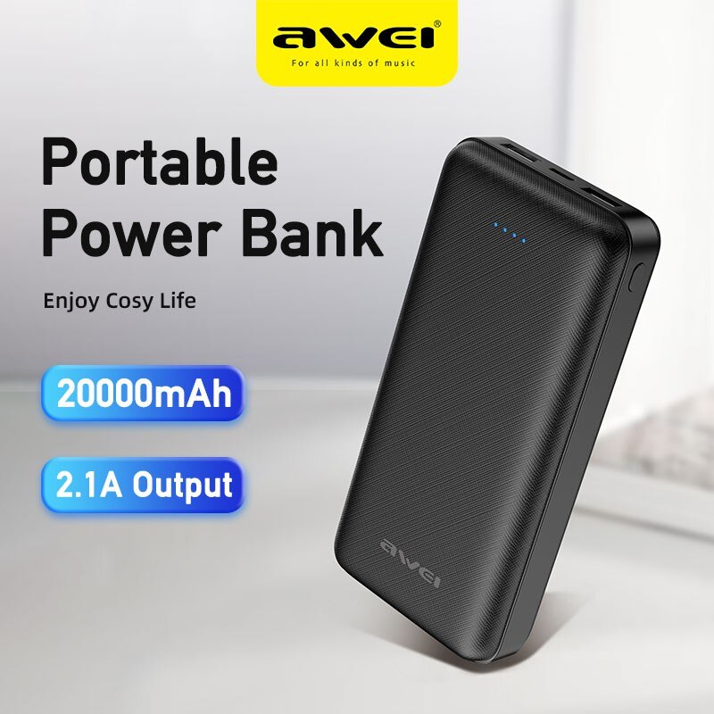 Awei P6K 20000mAh Fast Charging Dual USB Port Powerbank Micro USB and Type C Input Power Bank Black. 