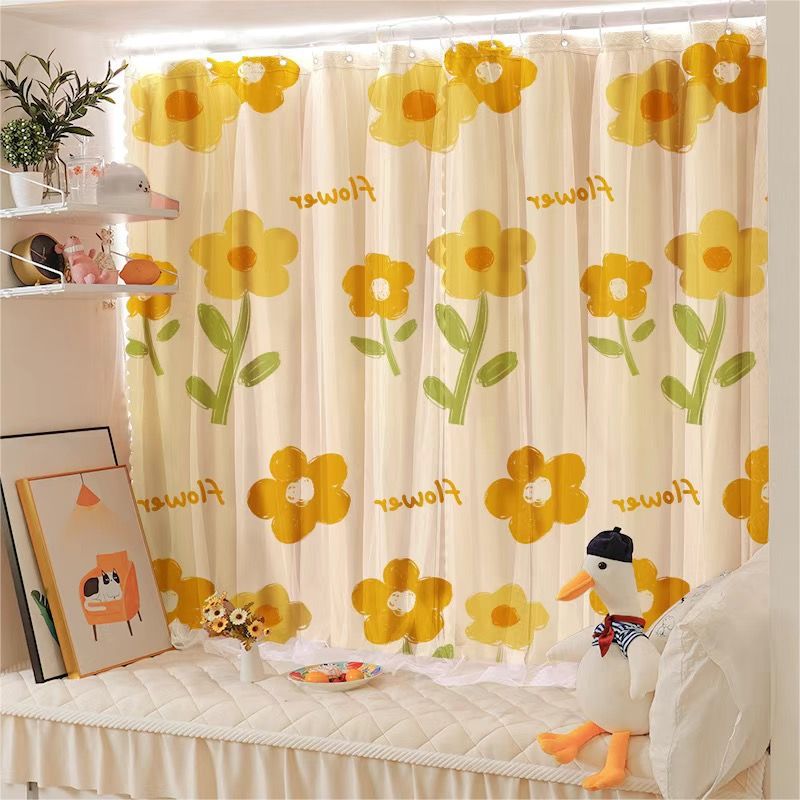 Shading Cloth Bay Window Bedroom Curtain with Rod Full Set Punch-Free Installation Small Window Simple Rental ins Short Style. 