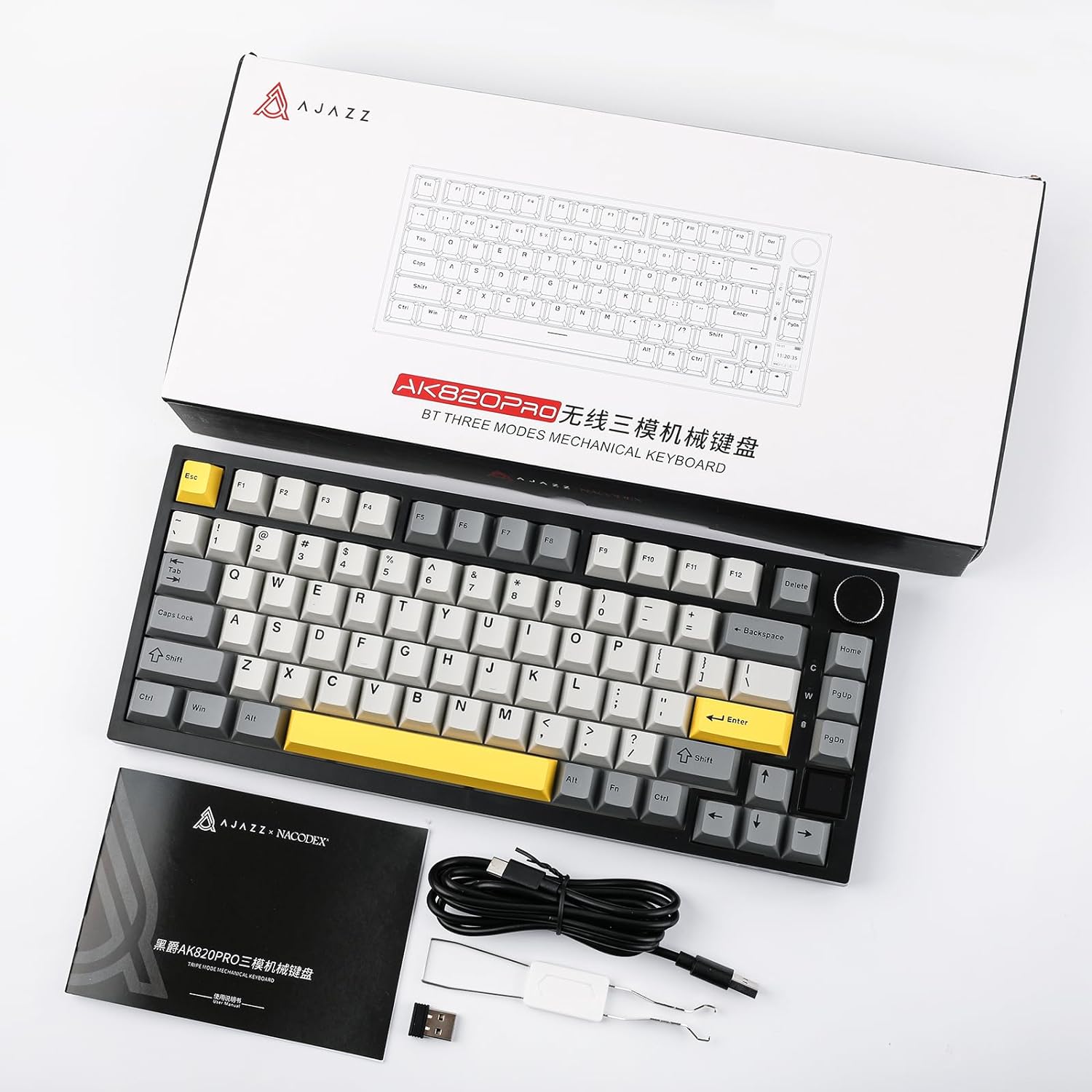 Ajazz AK820 Pro Gaming Mechanical Keyboard Bluetooth/ Wireless/Wired Customized Keyboard with TFT Color Screen Knob 136 Keycaps. 