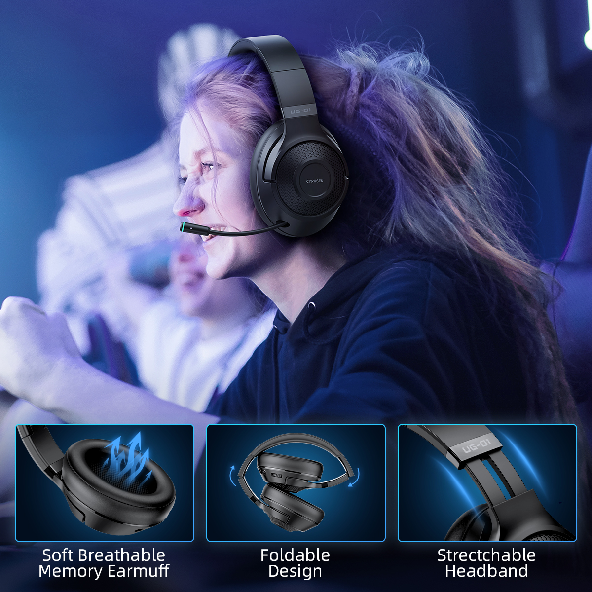 CINPUSEN UG-01 2.4Ghz Wireless Gaming Headset for PC, PS5, PS4, MacBook, with Microphone, Soft Earmuff - 40 Hours Playtime. 