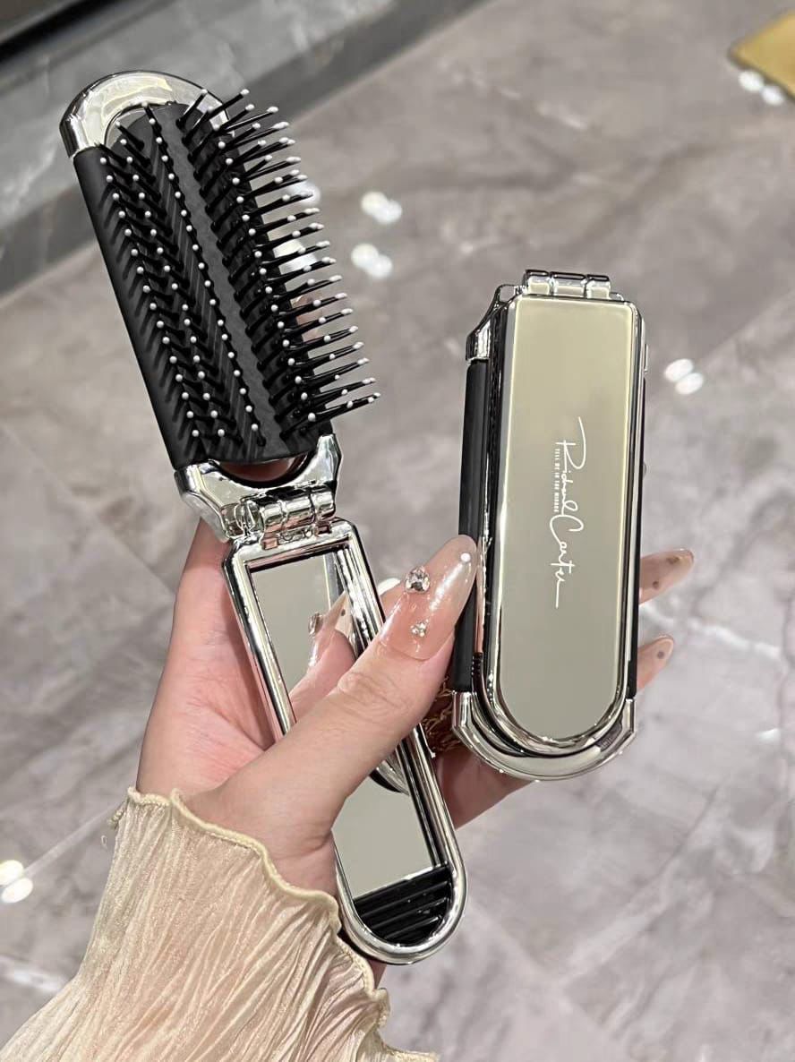 2 In 1 Foldable Hair Brush & Mirror, Hair Brush/Hair Comb For All Hair Types. 