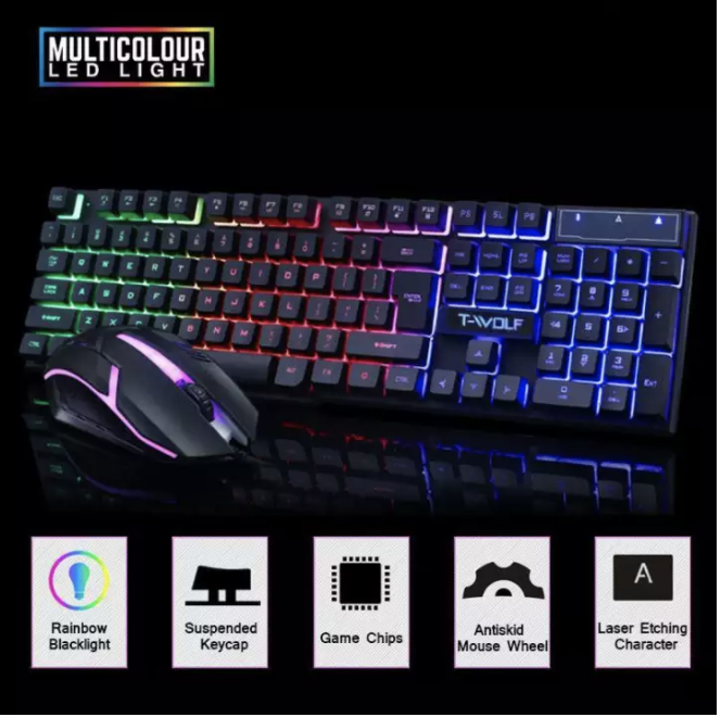 T-WOLF TF200 Rainbow LED Gaming Keyboard And Mouse Combo Bundle. 