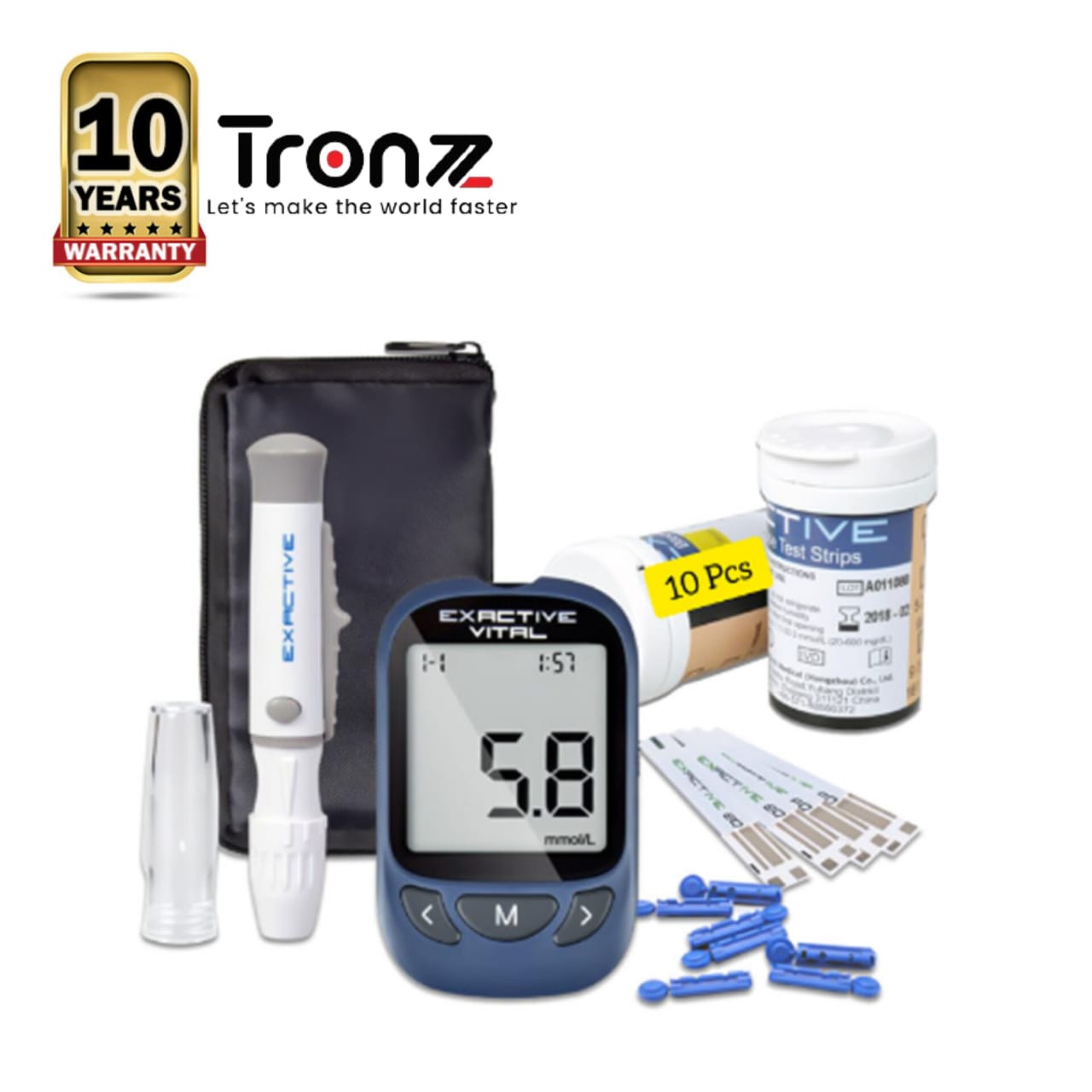 USA Certified EXACTIVE VITAL Blood Glucose Meter with 10 Pcs Free Test Strips | TRONZZ verified Best Blood Sugar Glucometer with 10 Years Full Replacement Warranty by TRONZZ.com