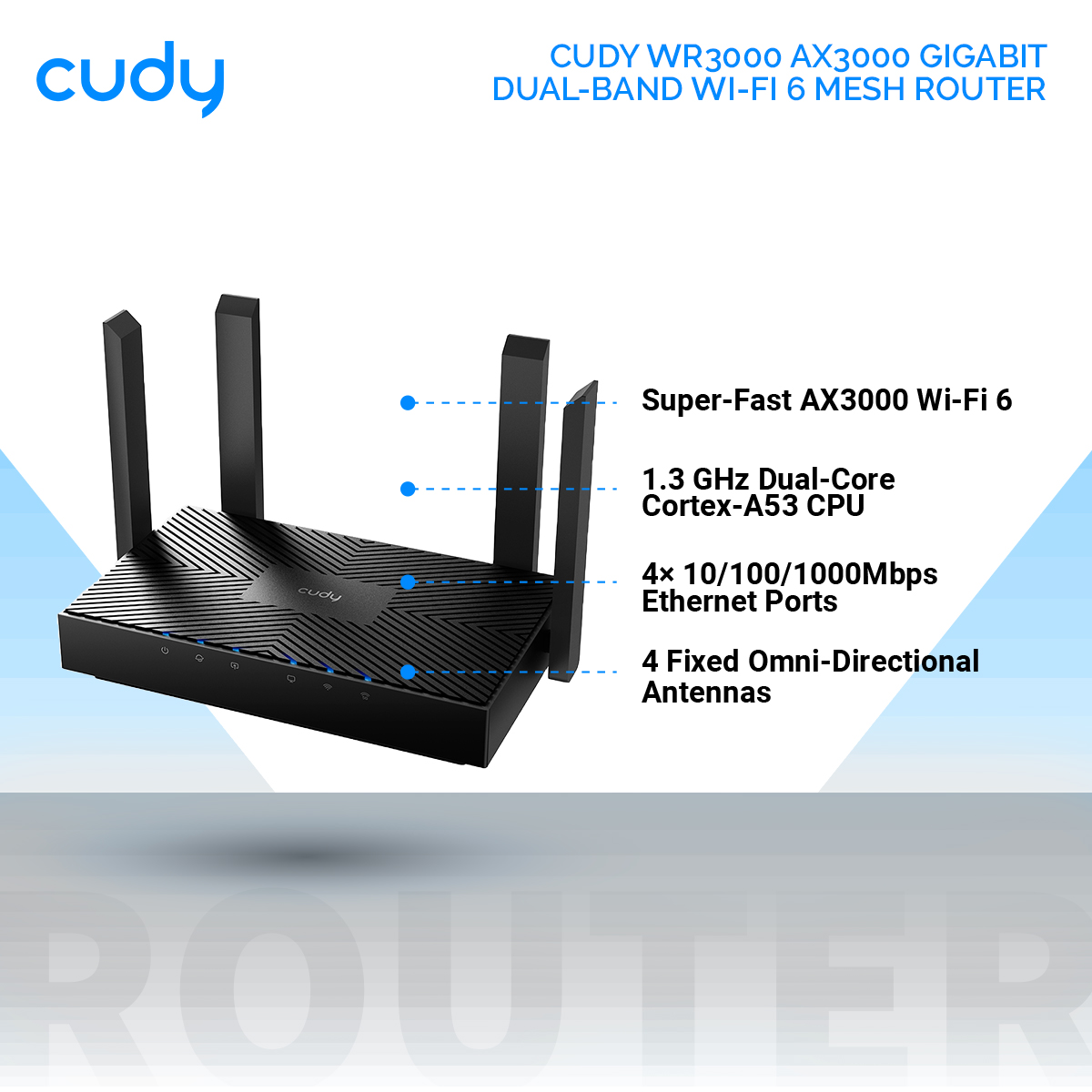 Cudy WR3000 AX3000 Gigabit Dual-Band Wi-Fi 6 Mesh Router - Black. 