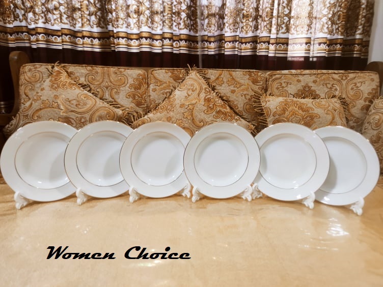 White With Golden Line Half Plate Set 7 Inch 6 Pcs Set. Porcelain Deep Cook Plate Set 7 Inch , Ceramic Sauce Plate , Cake Plate Or Salad Plate Set.. 
