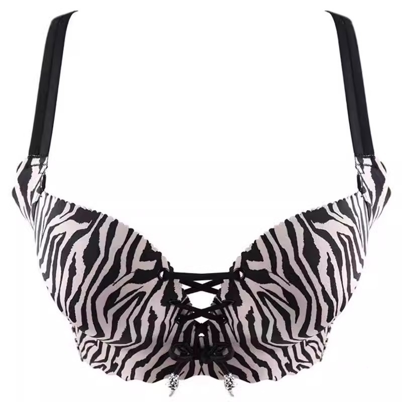 New Japanese Style Pure Sexy Leopard Print Underwear Women's Push up Small Size Flat Chest Big Beauty Back Lace-up Bra Set. 