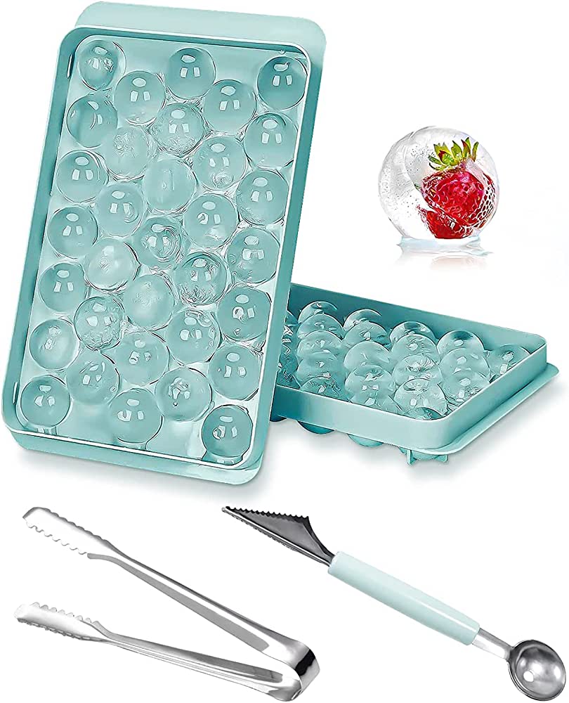 Round Ice Cube Tray | Ice Ball Maker with Non-Spill Lids, 33-Cavity Small Ice Sphere Molds for Whiskey, Water, Cocktail Drinks, Wine, Ice Cream, Chocolate. 
