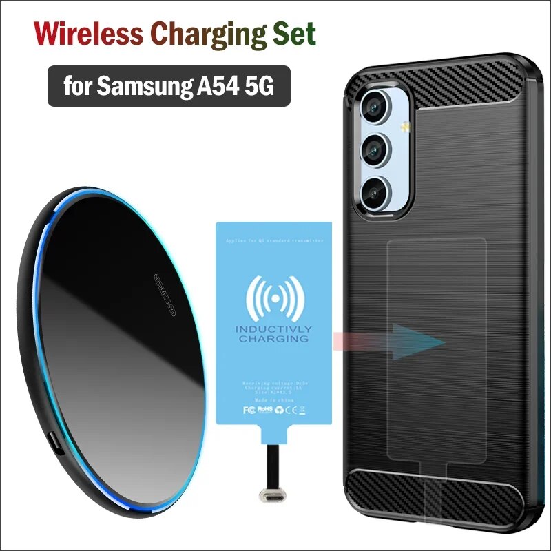 Qi Wireless Charger+Receiver+Case for Samsung Galaxy A54 5G Phone Wireless Charging Set(Install Type-C Charger Adapter) A54